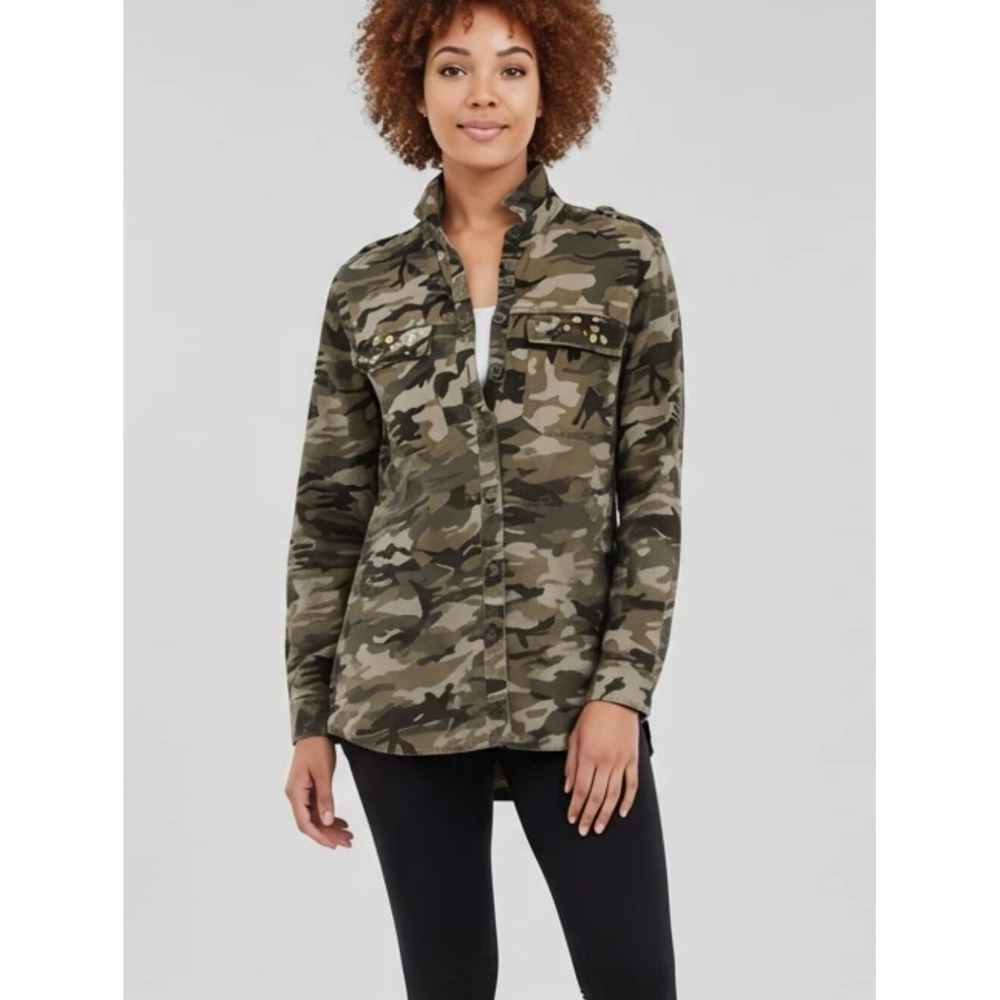 Iris Los Angeles Camo Gemstone Embellished Utility Shirt IT3289 Green Brown M